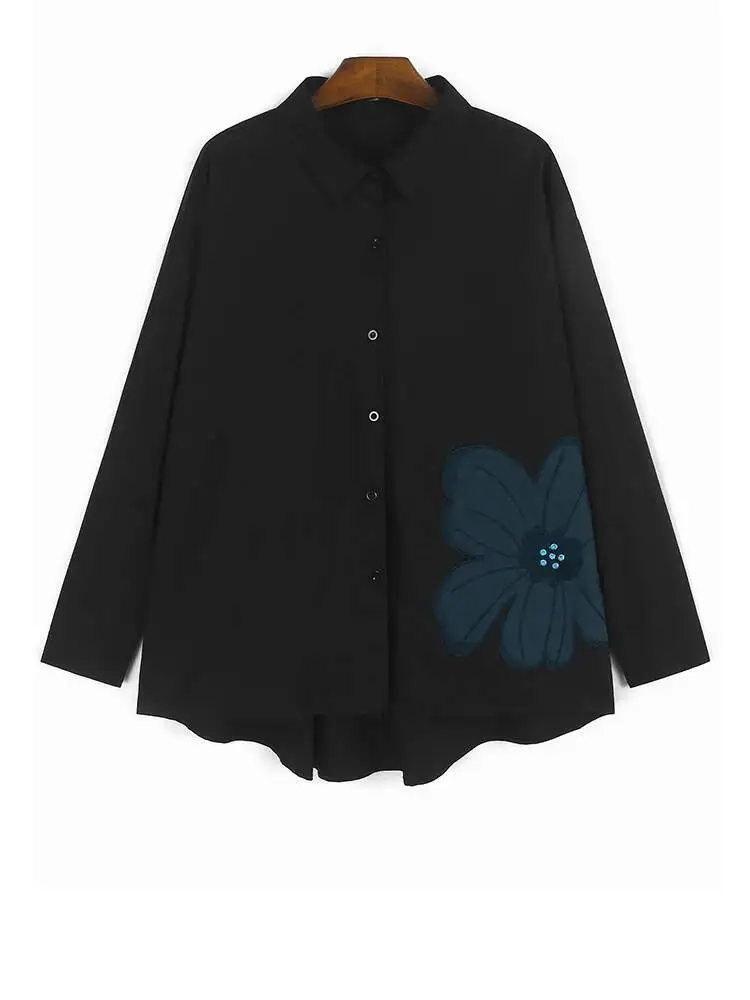 

Women Black Embroidery Flower Big Size Casual Blouse New Lapel Long Sleeve Shirt Fashion Tide Spring Autumn