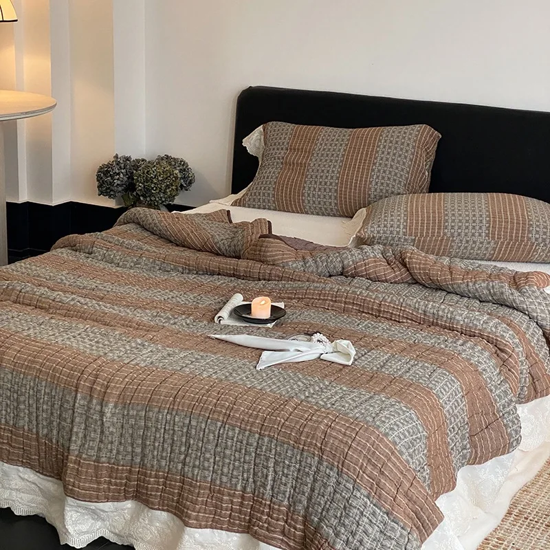 French Aesthetic 10-Layer Gauze Quilted Comforter with Lace Trim, Soybean Fiber Bedspread – Summer Lightweight Blanket for Bed