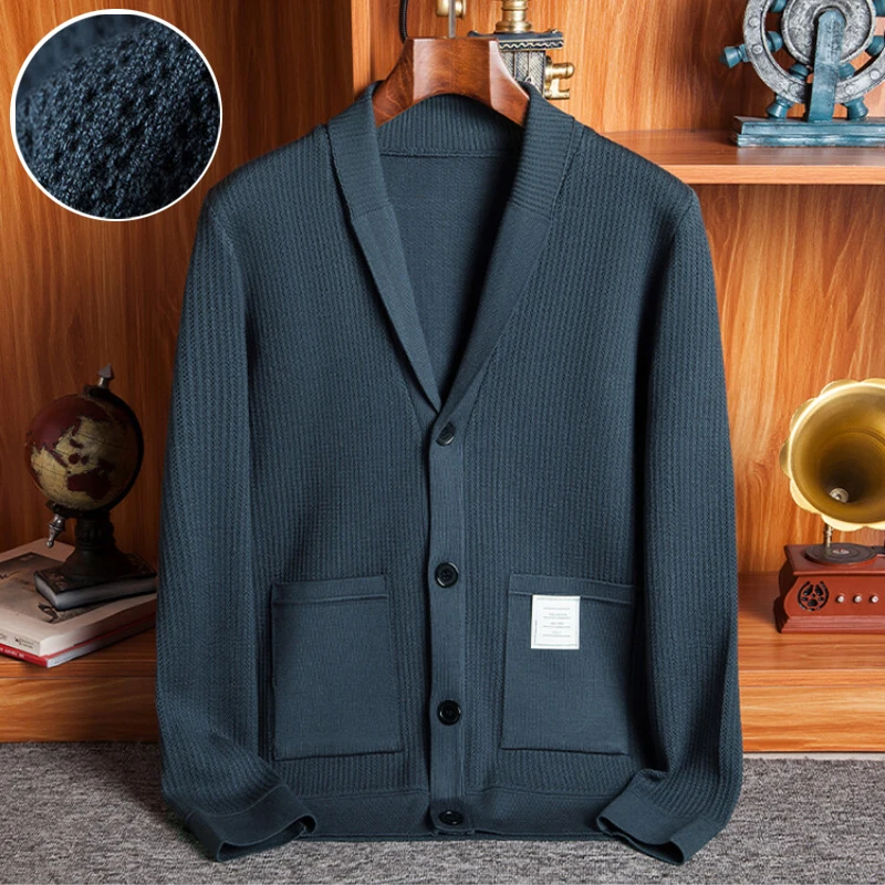 Elegant men's business casual autumn new stretchable, warm V-neck cardigan, daily solid color knitted sweater.