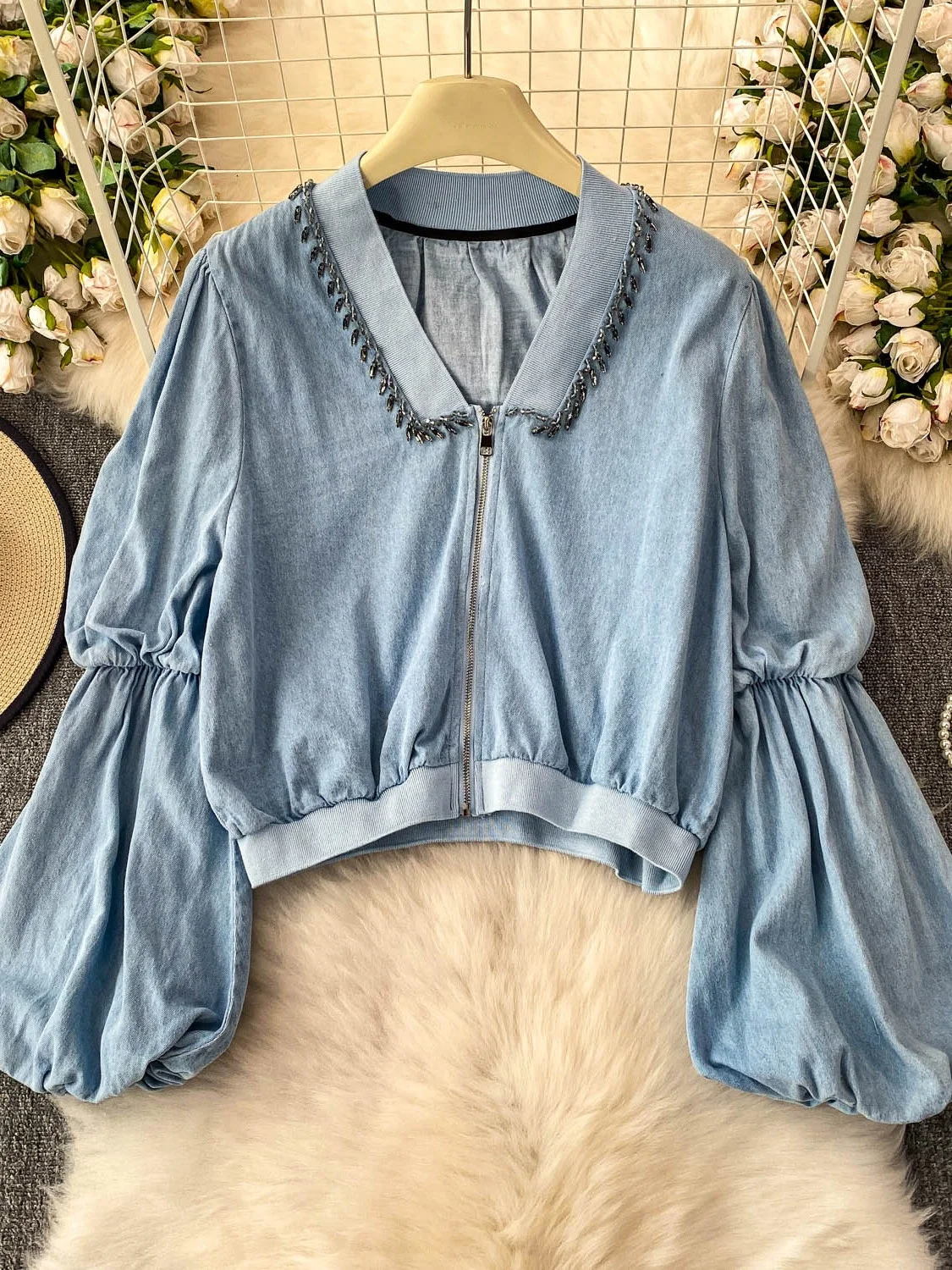 

Ele Heavy-Detail Rhinestone Fringe V-Ne Lantern Sve Denim Jaet женские осенне-зимние свободные универсальные утягивающие или...