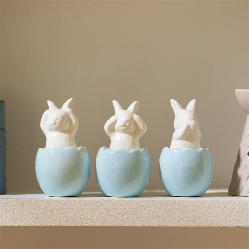 Easter Eggshell Bunny Ceramic Figurine Simple European Home Decor Bedroom Table Centerpiece Ideal For Women Kids Holiday Gift