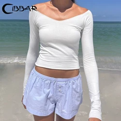 CIBBAR Solid V Neck Skinny Crop Top Women Casual Long Sleeve Basic T-shirts Streetwear Ladies T Shirts Vintage y2k Fall Clothing