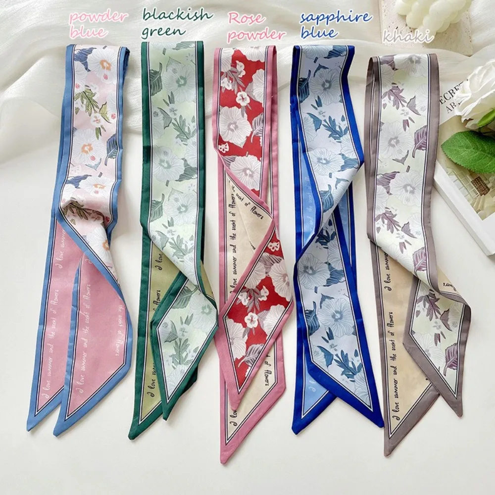 Summer Floral Silk Satin Scarf Narrow Thin Long Tied Hairband Bag Decoration Neckerchief Vacation Headscarf