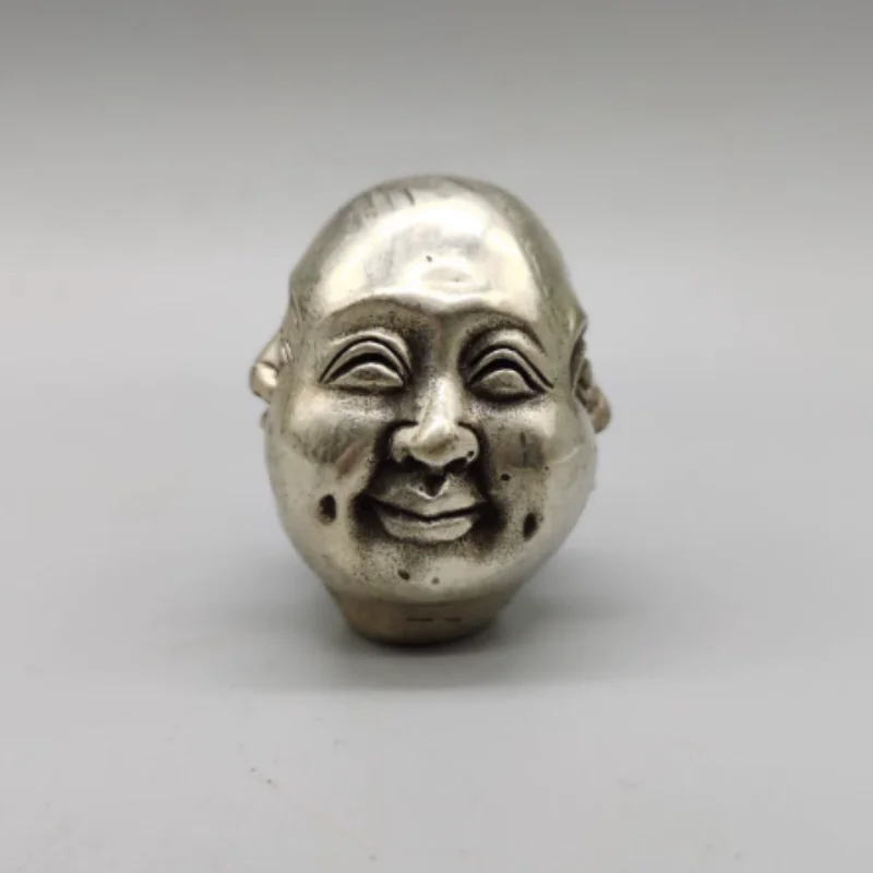 Antique White Brass Mini Buddha Head Statue - Four-Faced Joy, Anger, Sorrow & Happy Statue, Handheld Ornament