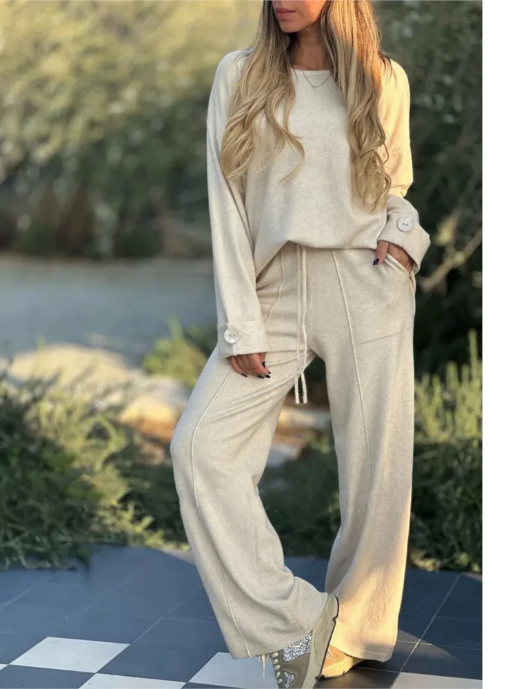 Casual Sporty Style Two Piece Set Women Solid Color Long Sleeve Tops Wide Legs Trousers 2 Piece Sets Lady Commuting Pants Suit