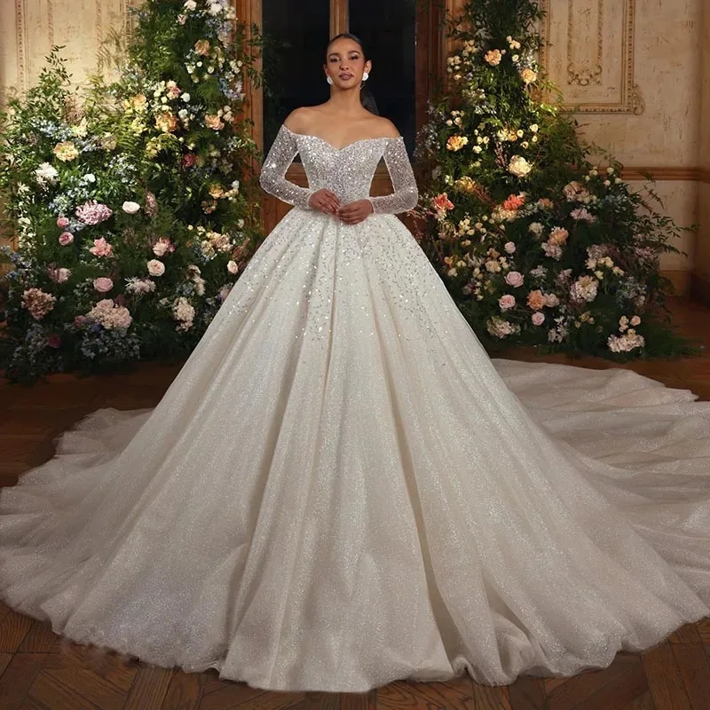 2025New Arrival Off the Shoulder Glitter Wedding Dress Long Sleeve Ball Gown Vestido De Noiva Backless customized Robe de Mariée