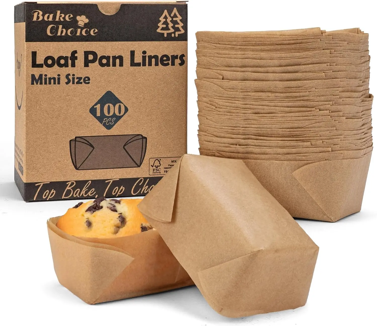 

100 Pcs Mini Loaf Pan Liners, Natural Parchment Paper, Non-Stick, 3.15x1.97x1.57in, for Baking Cupcakes, Muffins, Brownies