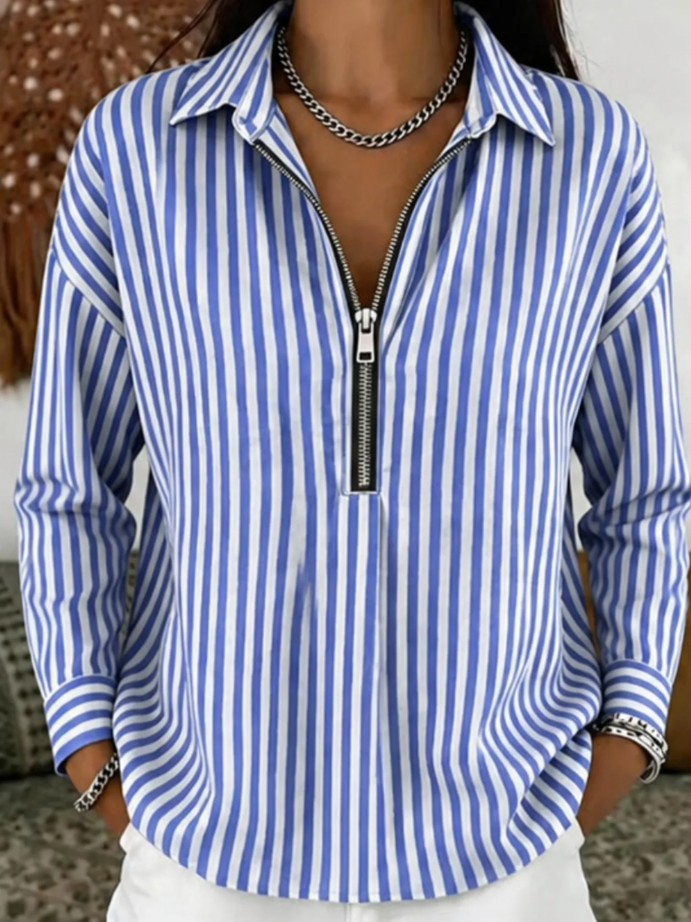 Women's Blue White Vertical Striped Shirt, Half Front Zip Collared Long Sleeve Blouse, Loose Drop Casual Top for Daily Office