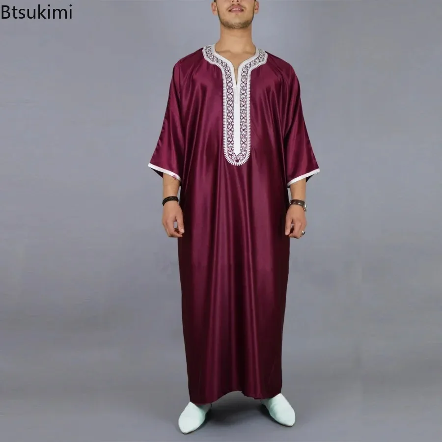 New 2024 Men Arab Muslim Fashion Islamic Clothing Men Embroidered Jubba Thobes Homme Moroccan Kaftan Eid Prayer Long Robe Dress