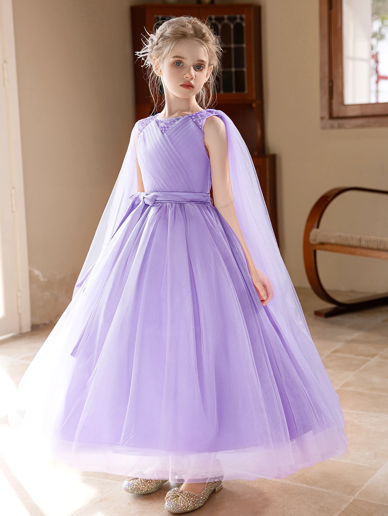 Elegant Purple Long Gauze Dress Suitable For Girls Flower Girl Party Dress Birthday Party  Bridesmaid Dress