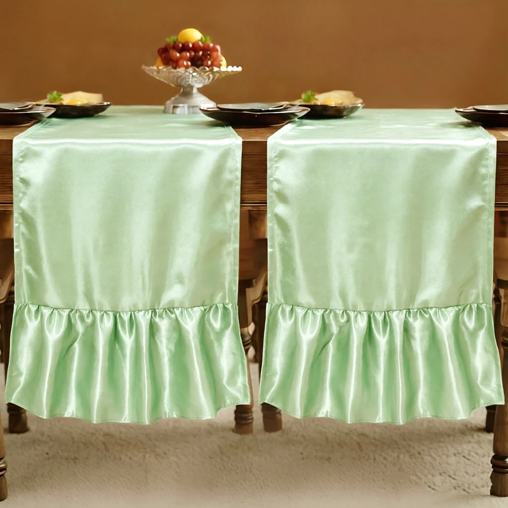 Lot de 2 chemins de table en satin à volants pour événements, fêtes, mariages, dîners, baby showers, commodes et décoration de table à la maison