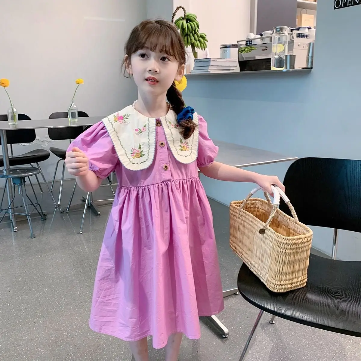 Girls Floral Embroidered Ruffled Collar Summer Short Sleeve Dresses Toddler Princess Dress Children Party Retro Casual Clothes