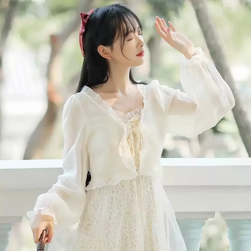 

Женская летняя рубашка-кардиган с кружевным бантом и рюшами Y2K, корейский стиль, солнцезащитная блузка, топ, белый женский чехол Blusa