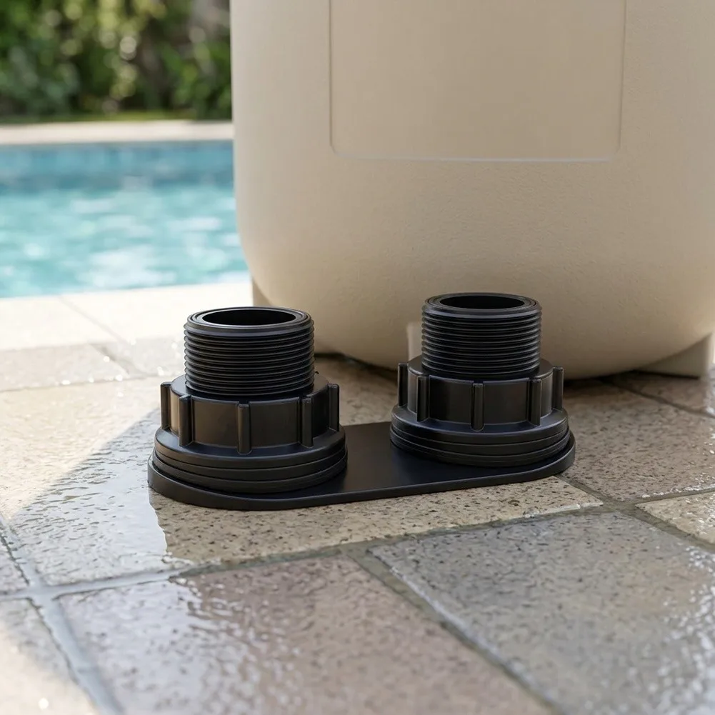 Side outlet connector for swimming pool sand filters constructed from PP to resist degradation from and UV exposure