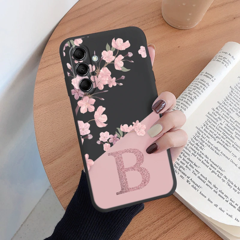 Initial Letter A Z Case For Samsung Galaxy A54 A55 A56 A06 Cover Pink Flowers Soft Silicone Back Funda Coque Bumper Couple Bags