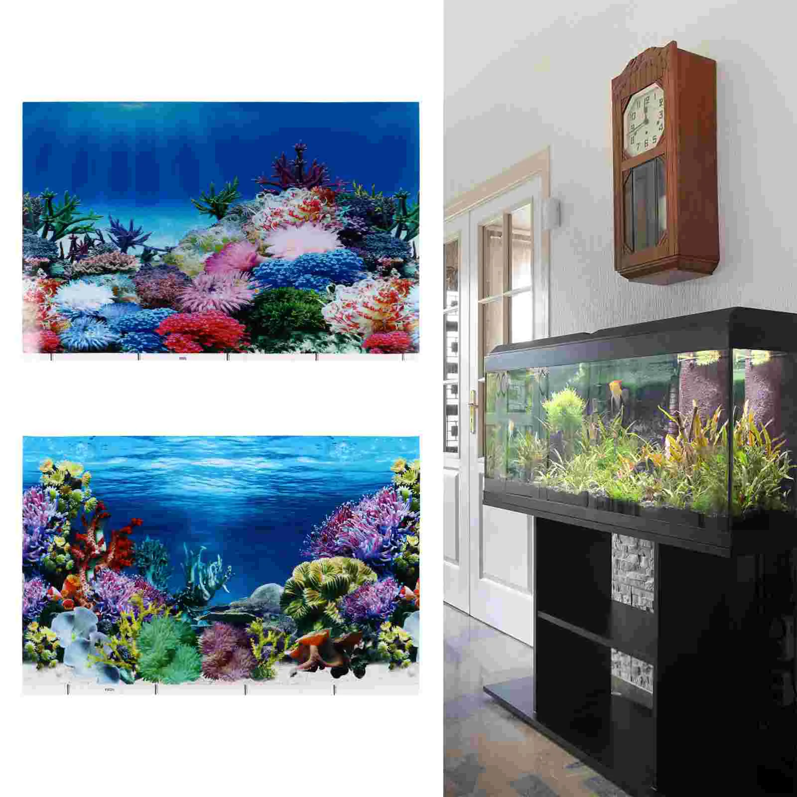 2 Pcs Fish Tank Stickers Aquarium Decals Paper Cling Ocean Coral Thick Film Poster Background Decor