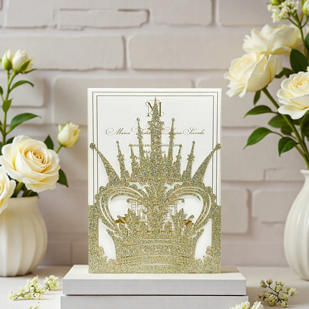 

50 pieces Gold Glitter Crown Invitation Card fit 5x7" Insert, Customize Print Princess XV Quinceneara Birthday Invitation IC173