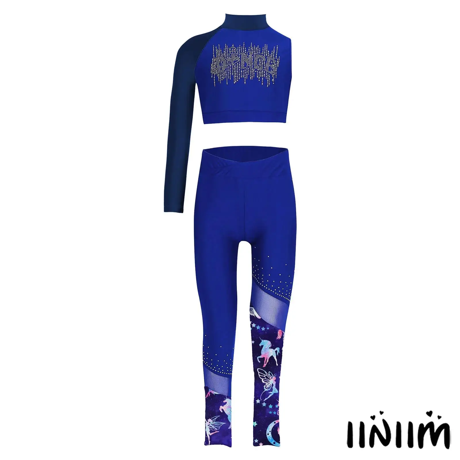 

Girls 2Pcs Lyrical Gymnastics Dance Outfits Mock Neck Asymmetrical One Sleeves Tank Crop Top+Leggings Set Athletic Tracksuit
