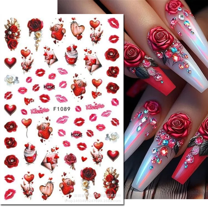 3d Nail Art Decals Valentine Jewel Red Roses Sexy Lips Love Balloon Letters Bears Nail Stickers Decoration For Nail Manicure