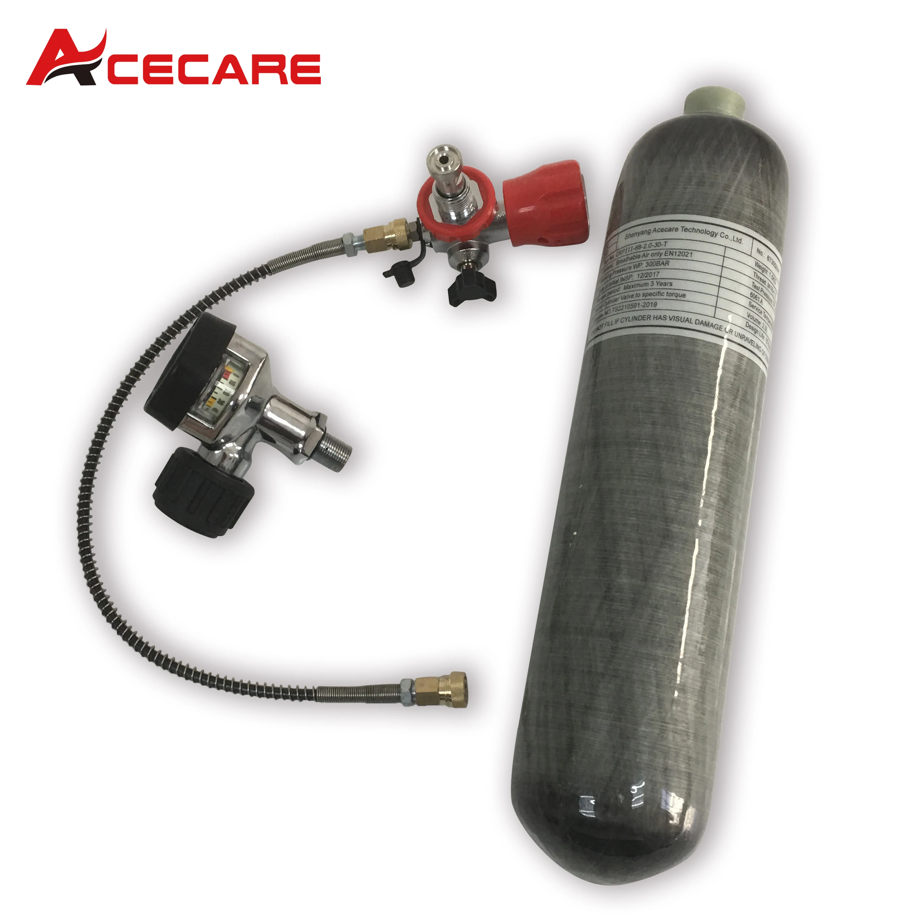 ACECARE 4500psi 300Bar 2L Carbon Fiber Cylinder High Pressure Fill Station Tank with Regulator Gauge Scuba Diving Thread M18*1.5