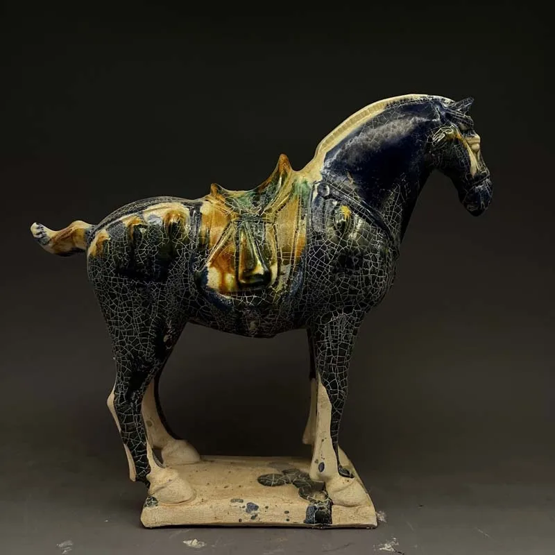 Chinese Tang Tri-Color Glazed Ceramics Blue Horse Porcelain Statue 8.27 inch Antique Imitation Home Decoration Ornaments