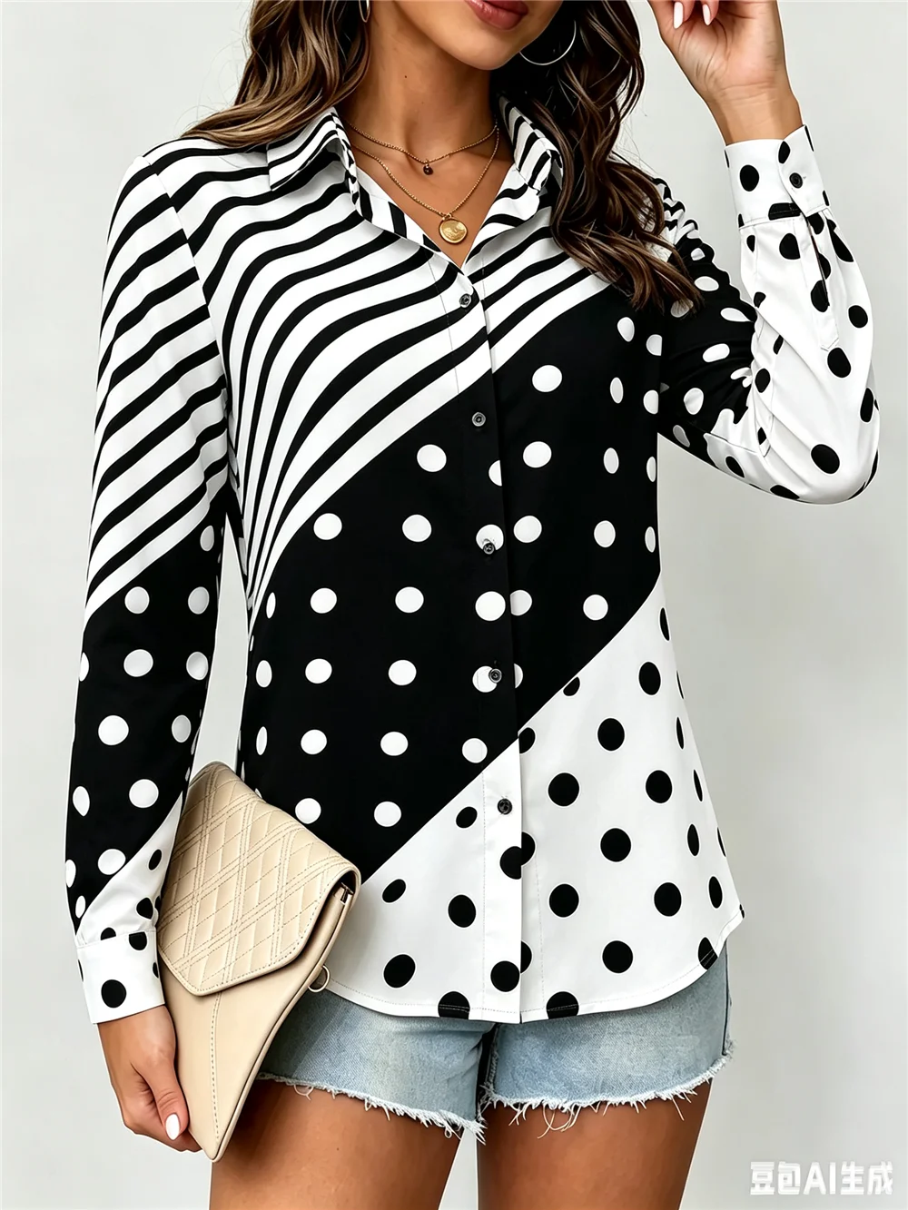 Fashion Striped And Dot Women Shirts Spring Autumn Long Sleeve 3D Printed Ladies Trend Blouse 3XL Plus Size Casual Shirt