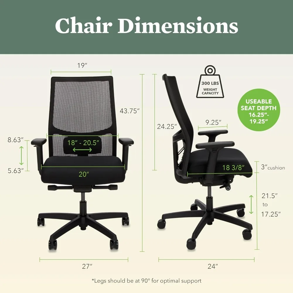 Cadeira Ergonômica de Escritório, Inclinação Ajustável, Rodas Giratórias, Confortável para Longas Horas, Casa, Mesa, 2.0