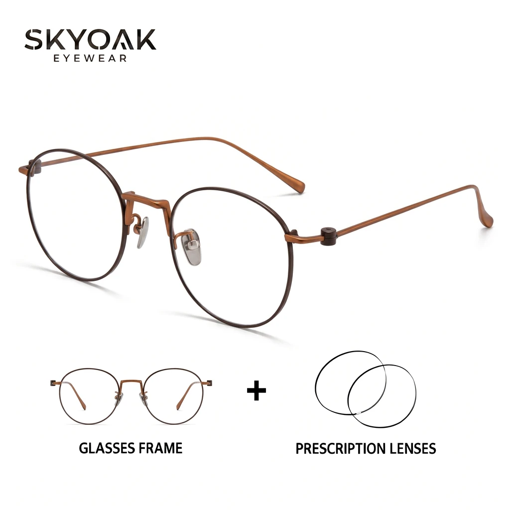 SKYOAK Pure Titanium Round Prescription Glasses for Men Women Retro Lightweight Full Rim Optical Eyewear Custom Rx Lenses