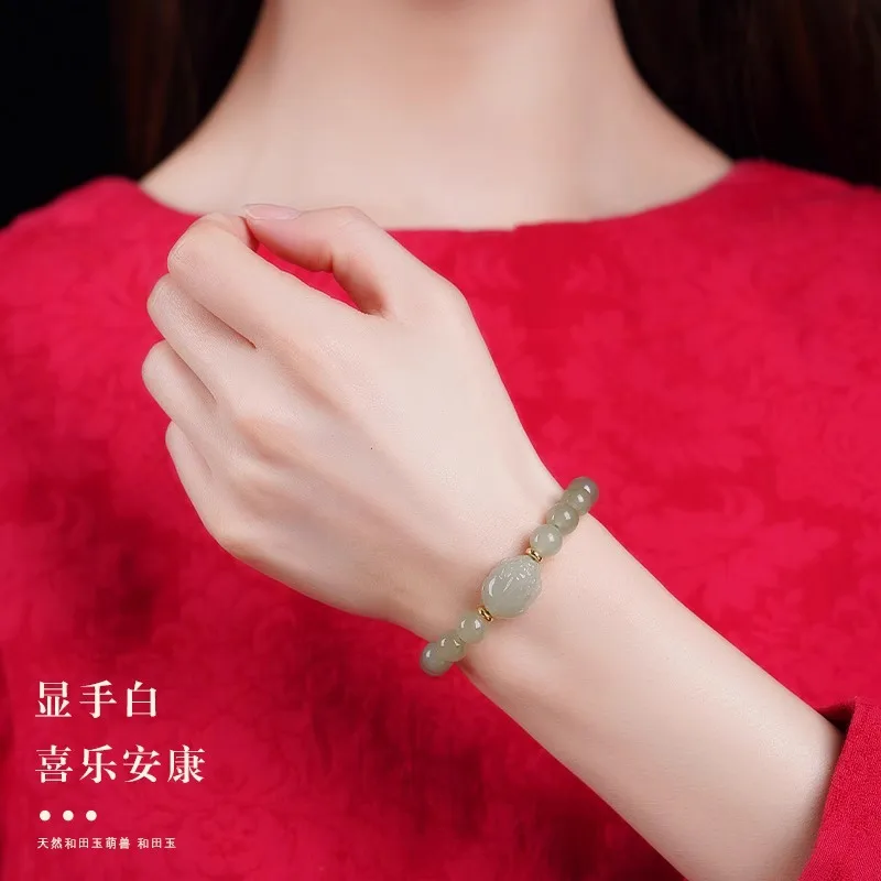 Natural Hetian Jade Pixiu Bracelet with Cinnabar Fortune Beads for Women Men 2026 Chinese Zodiac Year Gifts