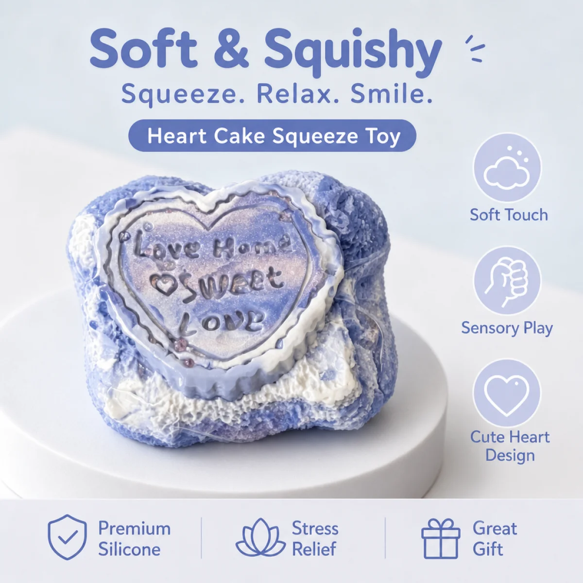 Food Grade Gradient Blue Heart Cake Squishy Toy With Sweet Letter Carving Slow Rebound Soft Squeeze Toy Romantic Dessert Model