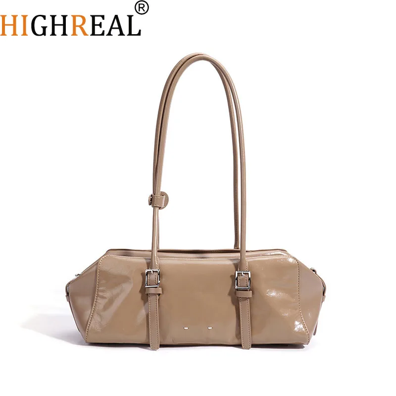 HIGHREAL Kakhi Stylish and Practical Long Handle Tote Bag Glossy Cowhide Leather Female Armpit Shoulder Bag Shopping Trips