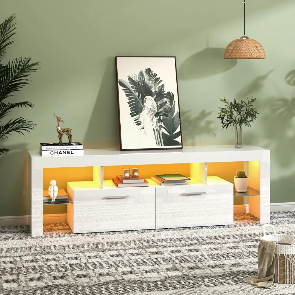 Suporte de TV LED moderno de 63 polegadas com grande gaveta de armazenamento para TVs de 40 50 55 60 65 70 75 polegadas, console de TV de madeira branca