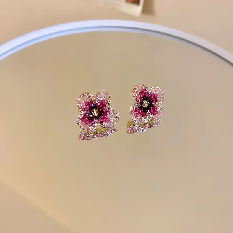 Sweet Gradient Crystal Flower Earrings For Women Personality Green/Red/Orange Irregular Floral Forest Stud Earrings Jewelry Gift