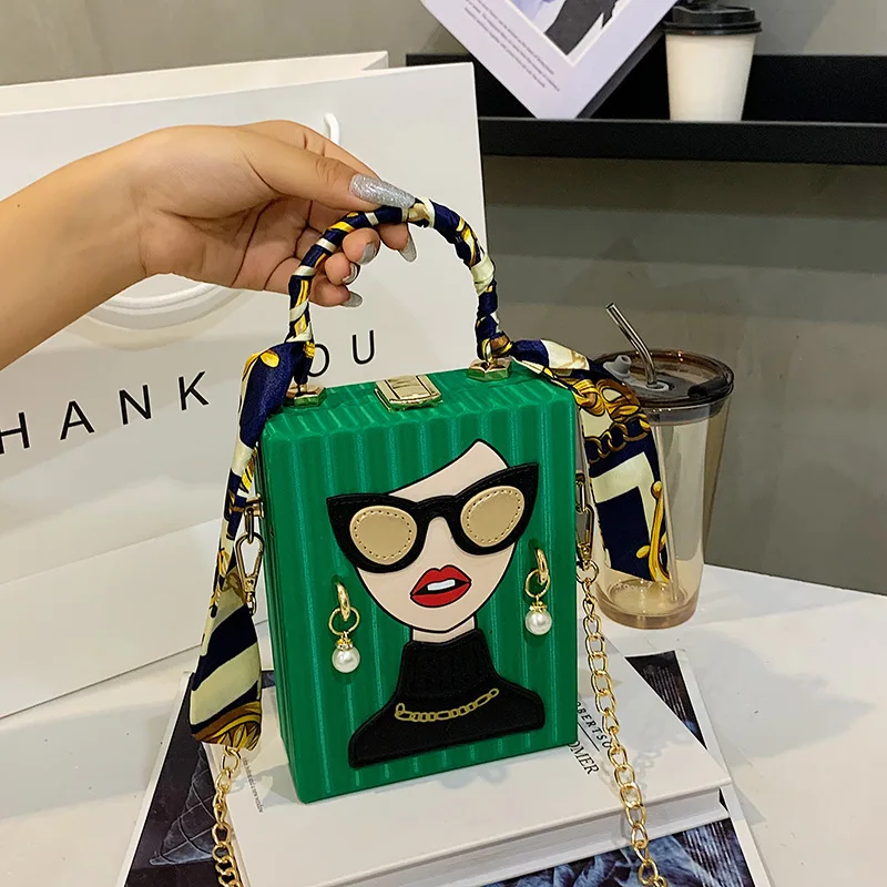 New Box Personalized Quirky Sunglasses Beauty Graffiti Pearl Hanging Decorations PVC Square Mini Compact Women Shoulder Bag