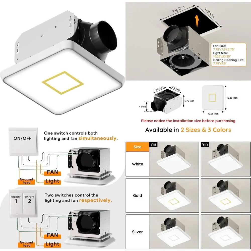 

Ультра тихий вытяжной вентилятор для ванной комнаты объемом 110 куб. футов в минуту с подсветкой, светодиод 1300 лм, 3 цветовые температуры, ночник и памятью освещения, сертифицирован ETL