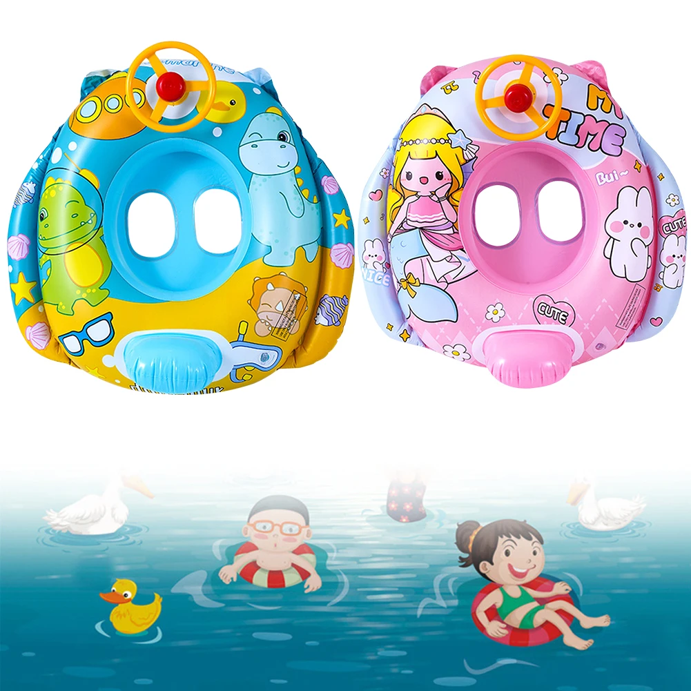 Inflatable Baby Swimming Float with Seat Swimming Circle Swimming Pool Toys with Steering Wheel Horn for Age 6-36 Months Toddler