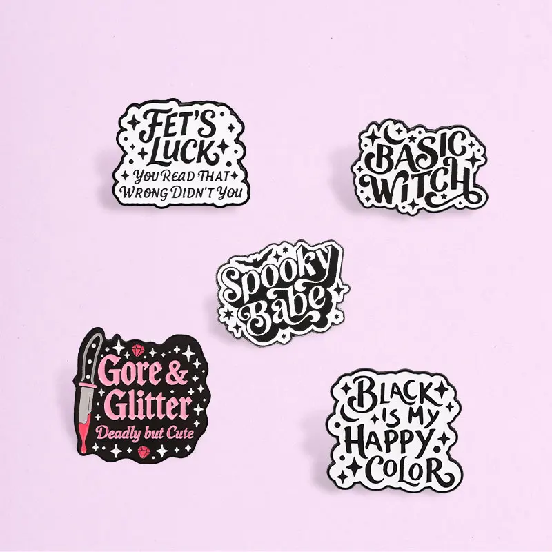 Spooky Babe Basic Witch Gothic Enamel Badge Black Is My Happy Color Gore Glitter Alloy Pin Brooch Jewelry Gifts For Cool Girls
