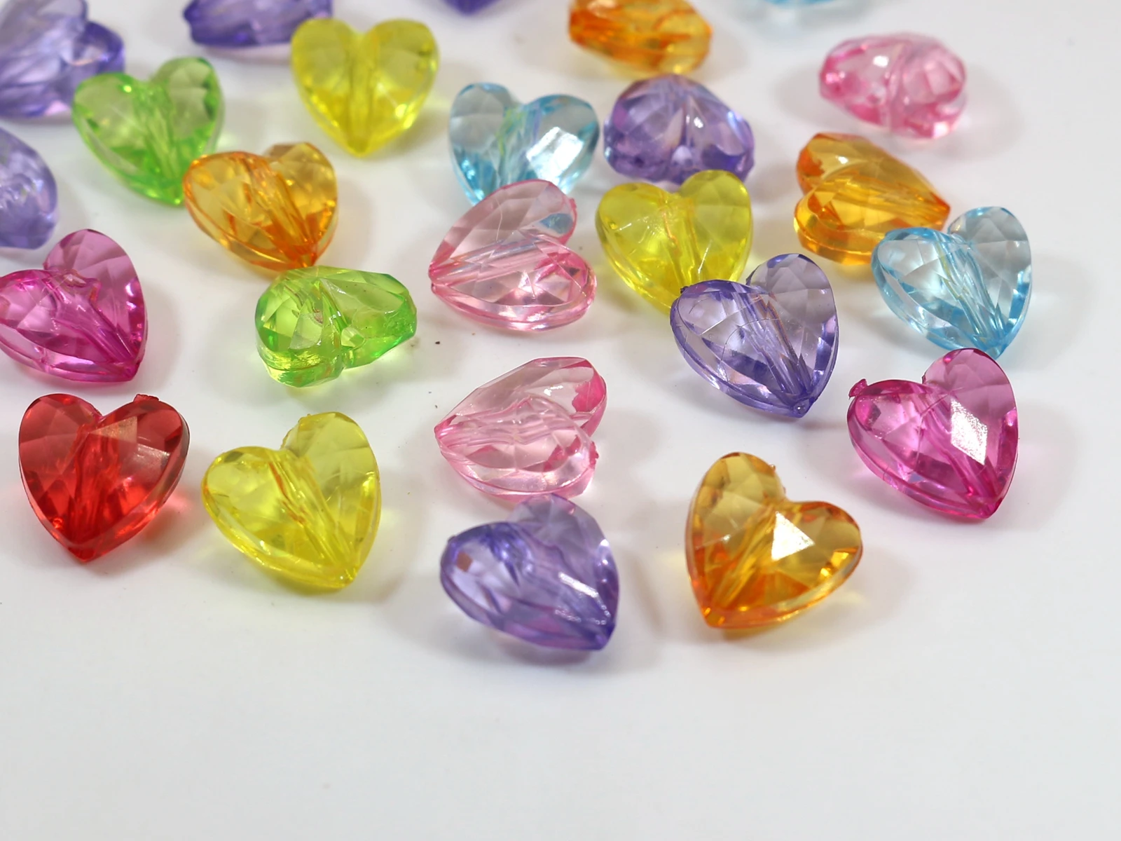 100 Mixed Color Transparent Acrylic Faceted Heart Charm Beads 12X12mm