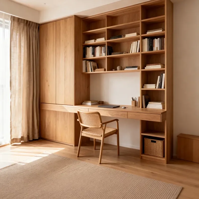 Premium Modern Light Wood Grain Built-in Bookcase Bookshelf Open Compartments Desk Attached Storage Basket Living Room Wall