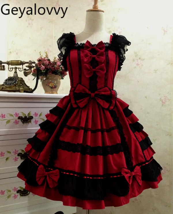Lolita Gothic Retro Chiffon Lace Bow High Waist Mid-length Dress Japanese Sweet Cute Girl COS Ball Party Sleeveless Dress