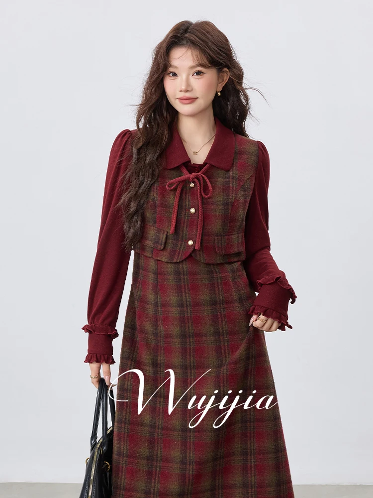 

plus Size Women's Dr Vintage Plaid Long Sve Slimming Concealing Winter New Arrival A-Line Skirt Polyester Fiber Casual