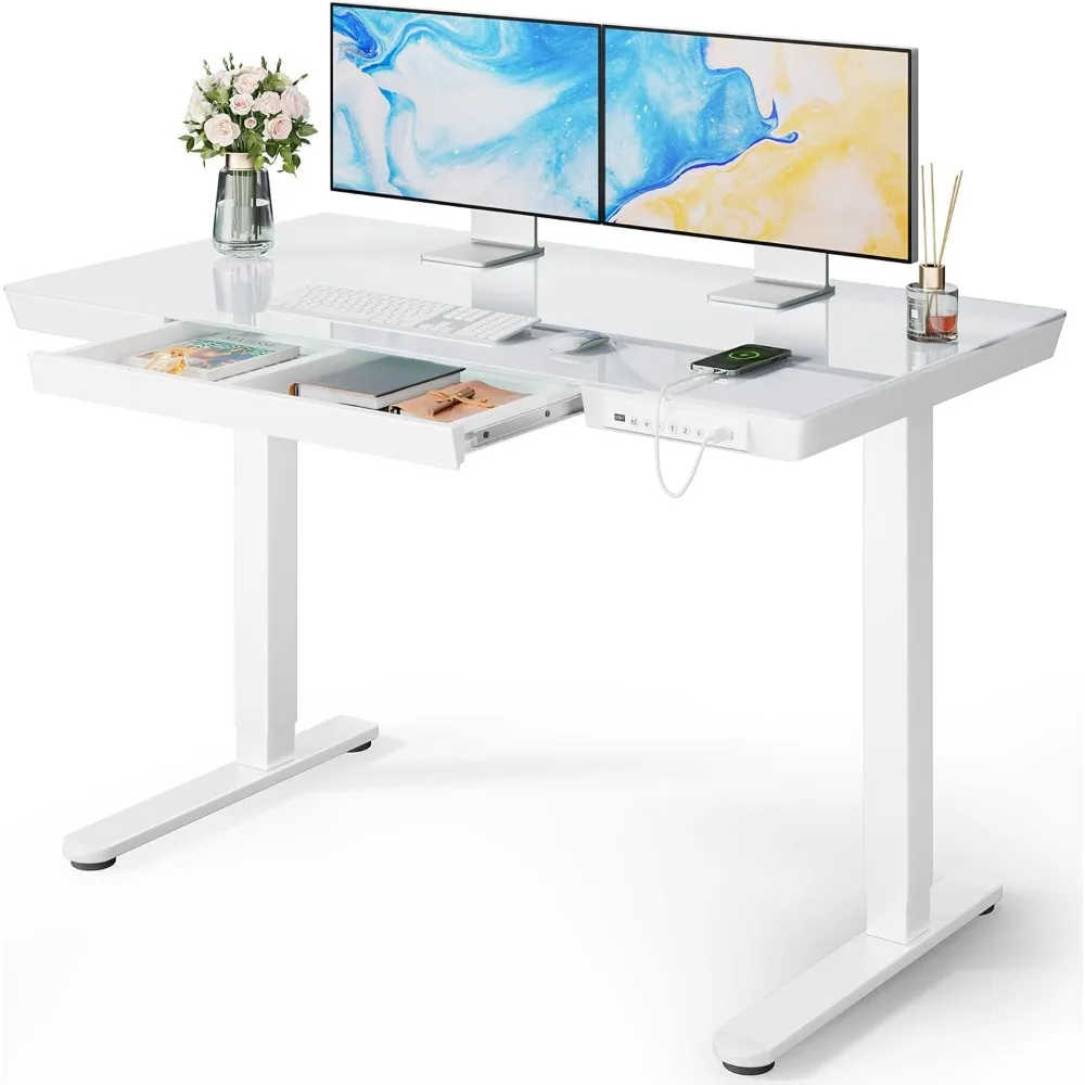 Glass Standing Desk with Drawer, 48 x 24 inch Electric Standing Desk, Height Adjustable Desk with One-Piece Tabletop