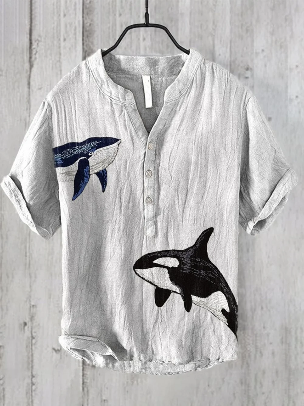 2025 New Men's Printed Linen Shirt, Short Sleeve V-neck 3-Button Shirt for Daily Casual Outing, Summer Vacation Men's Top