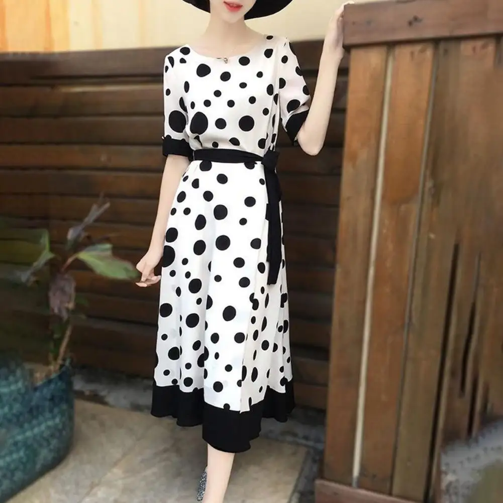 

Women Dress Dot Print Lace Up Waist Short Sleeves Round Neck Contrast Color Calf Length Summer Women 1950s Vintage Dress