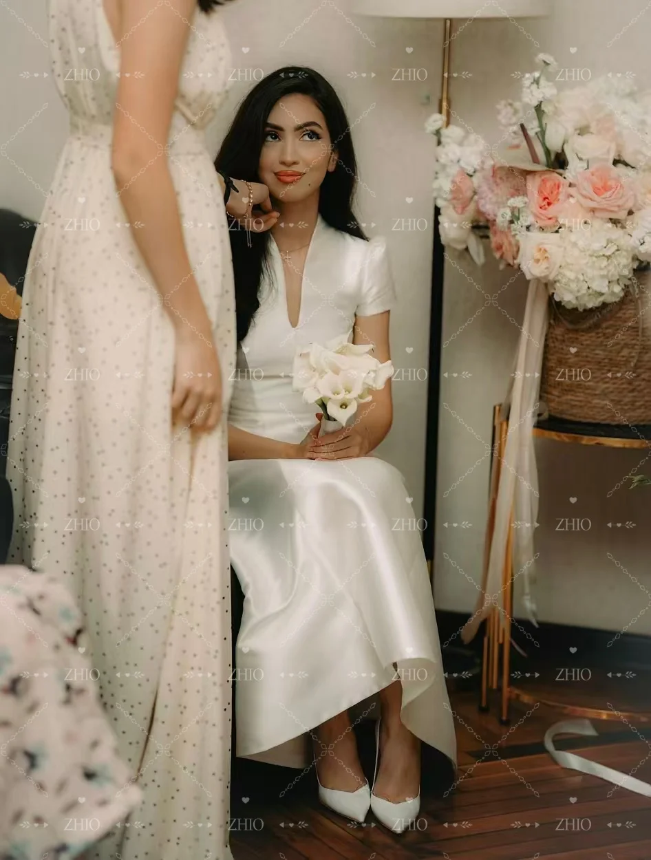 ZHIO فستان زفاف أنيق على شكل حرف v وأكمام قصيرة من الساتان العاجي على شكل حرف a فساتين الحفلات المسائية فستان زفاف مخصص رداء De Mariée