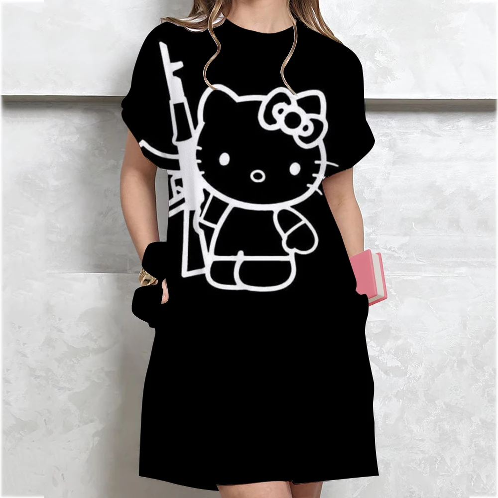 Mulheres casual manga curta t camisa vestido vintage olá kitty impressão solta mini vestido elegante simples mini vestido streetwear vestido de verão