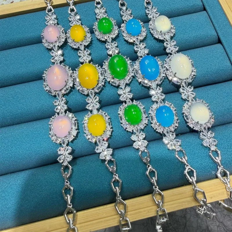 Natural Chalcedony Pendant Bracelet, Jade Agate Silver-Plated Inlaid Necklace 3
