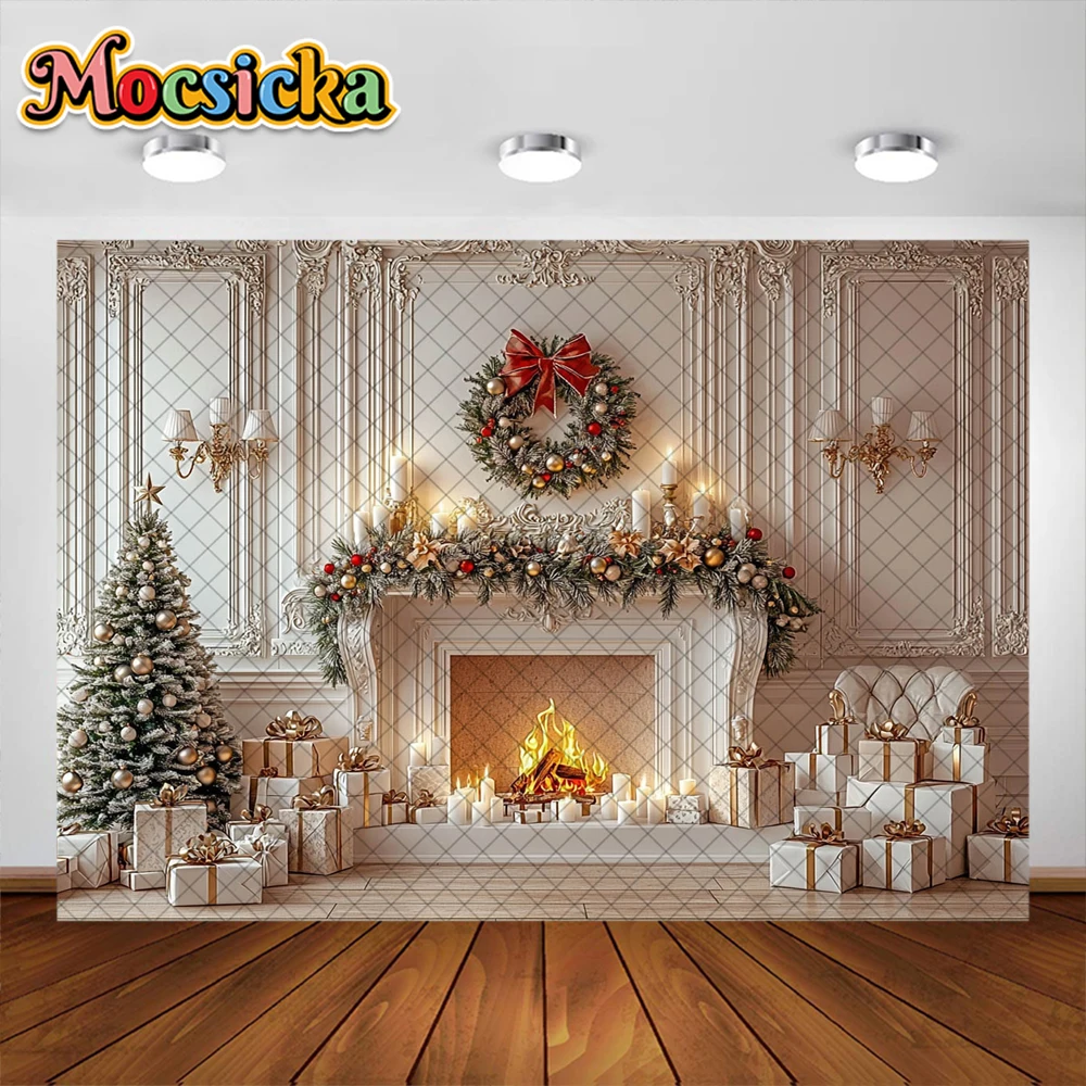 Fondo de fotografía de Navidad, árbol de Navidad, chimenea, guirnalda, suministros de decoración, retrato familiar, fondos de fotos, accesorios de estudio