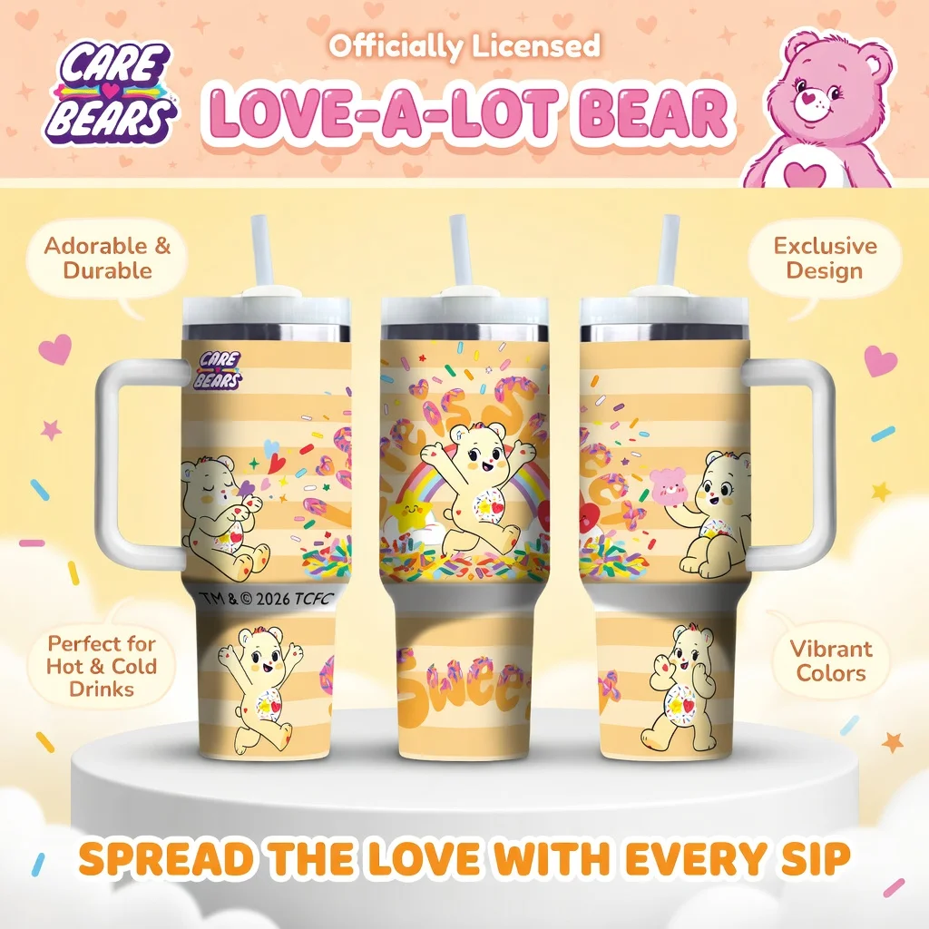 1pc 40oz Cute Care Bears Rainbow Donut Print Stainless Steel Tumbler with Handle Straw for Car Office Camping Sports Daily Drink