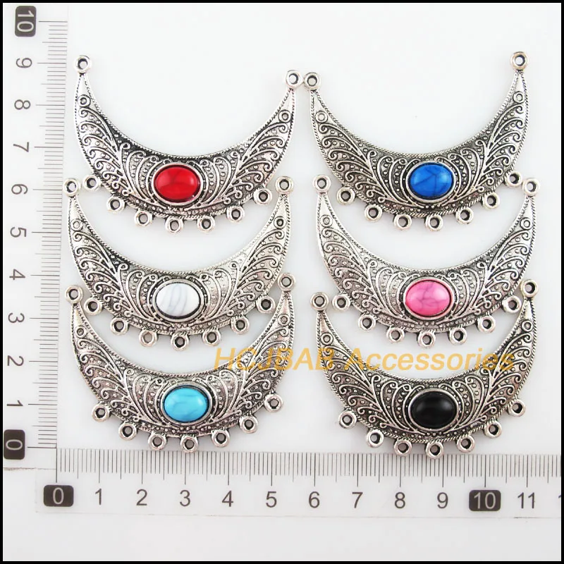 Fashion 6Pcs Tibetan Silver Tone Retro Moon Mixed Acrylic Oval Charms Connectors 41x52mm